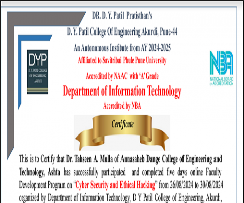 Completed FDP on Cyber Security and Ethical Hacking